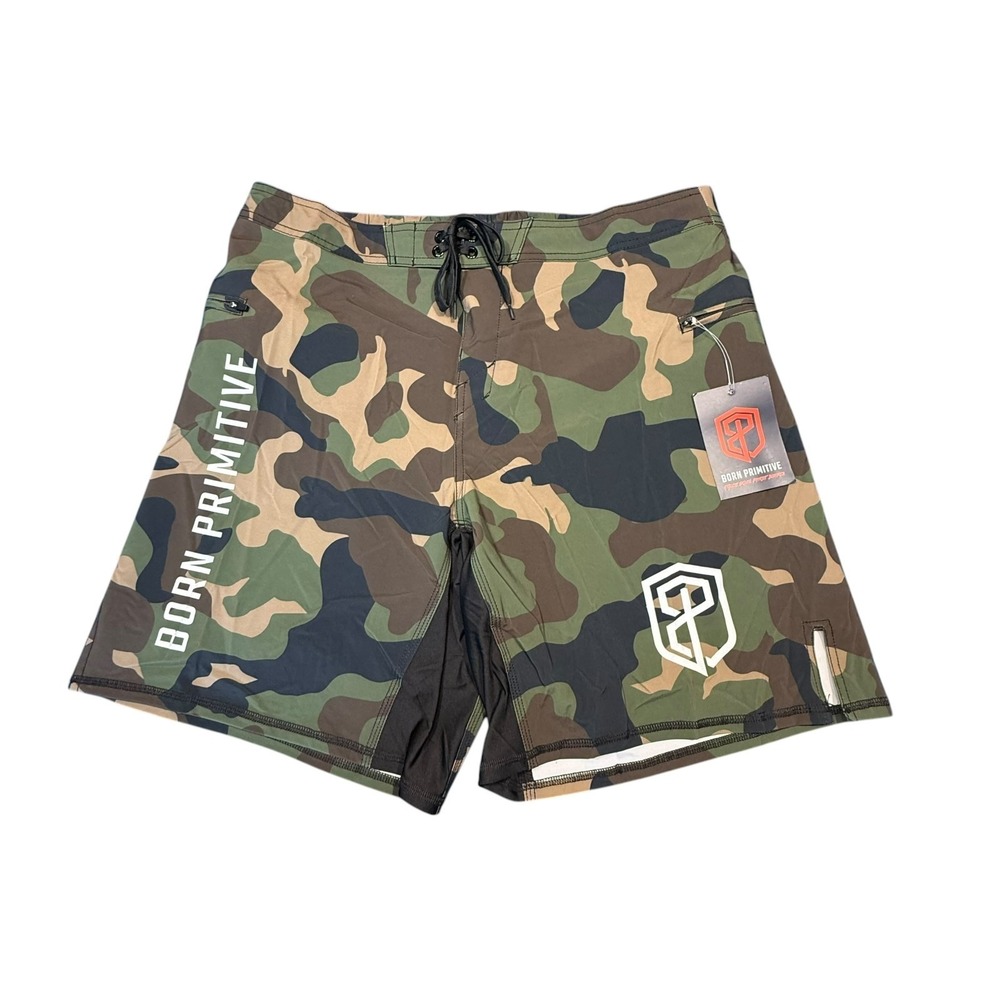 Born Primitive Training Shorts Mens 39/40 Green Camo Polyester Stretch 9" Inseam